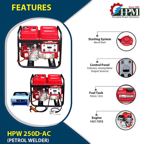 200 Amps, Petrol Welding Generator, 1.2 KVA  AC Output, Model HPW-250D-AC, Recoil Start